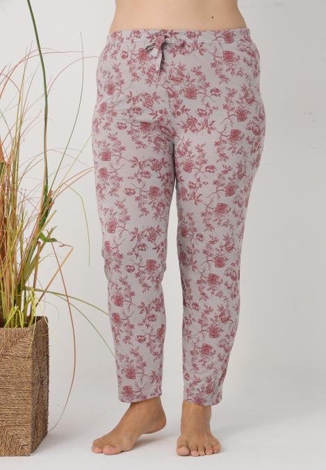 Pantaloni de Pijama Dama Lungi,Big Size,Culoare Crem cu Rosu, Engros